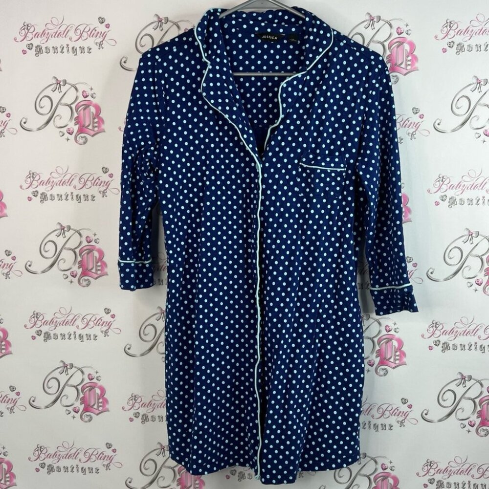 Jessica long top mini dress button down light blue and navy Blue Polka Dot Shirt